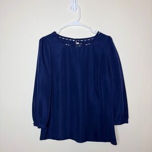 J.Crew Navy Blue Scalloped Laser Cut Neckline Silk Blouse XS 3/4 Sleeve Top